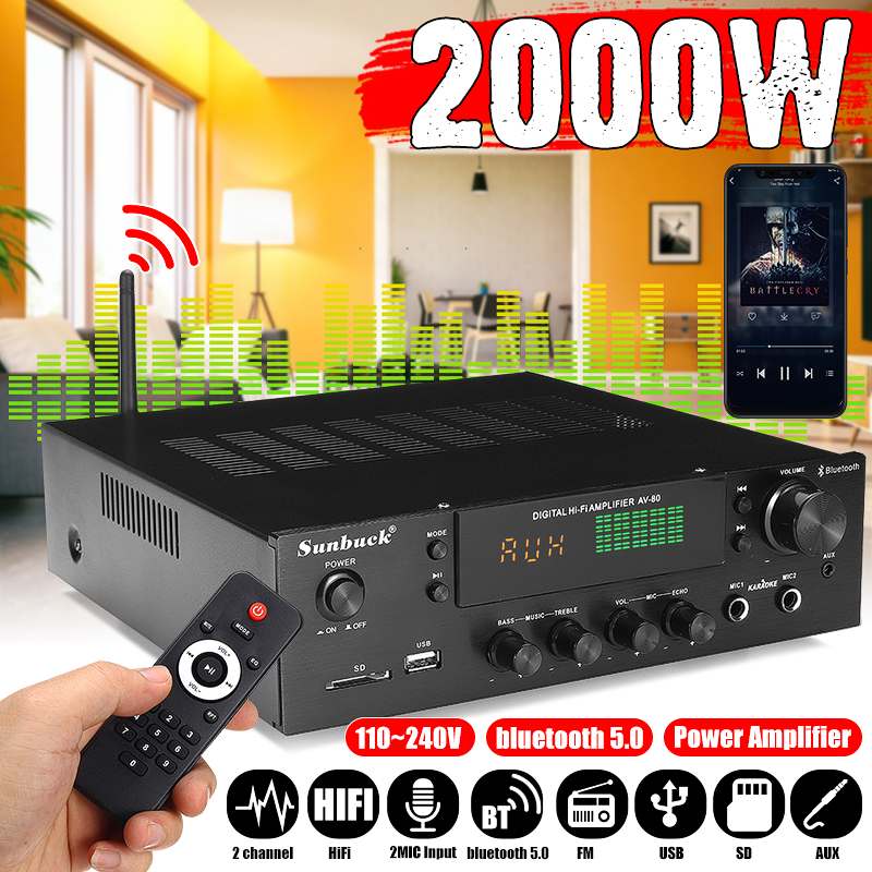 AV-80 Stereo Digital Technology Power Amplifier 2.0 Channel HIFI Audio Home Theater Amplifiers FM Receiver USB SD bluetooth 5.0