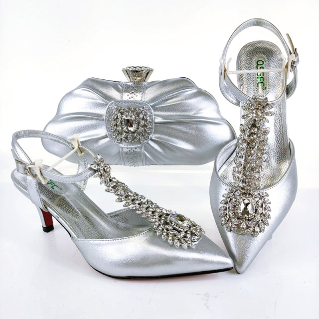 QSGFC 2021 Lastest Noble and Elegangt Fashionable Special Style Ladies Shoes and Bag Set in Green Color for Party and Wedding