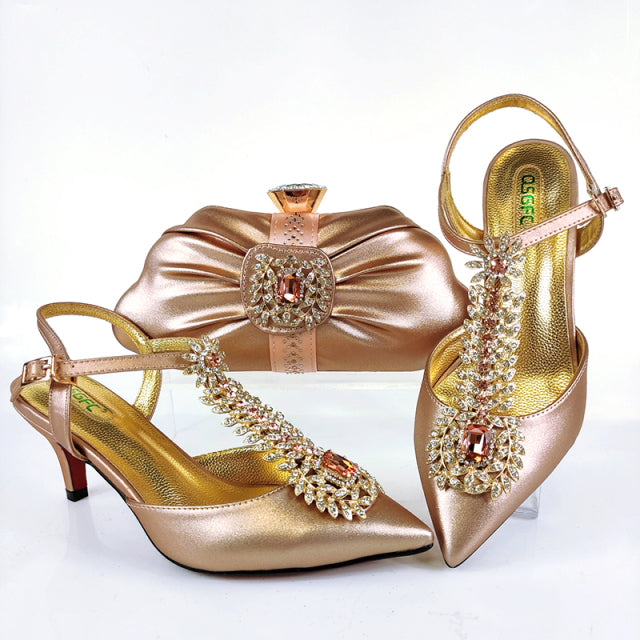 QSGFC 2021 Lastest Noble and Elegangt Fashionable Special Style Ladies Shoes and Bag Set in Green Color for Party and Wedding