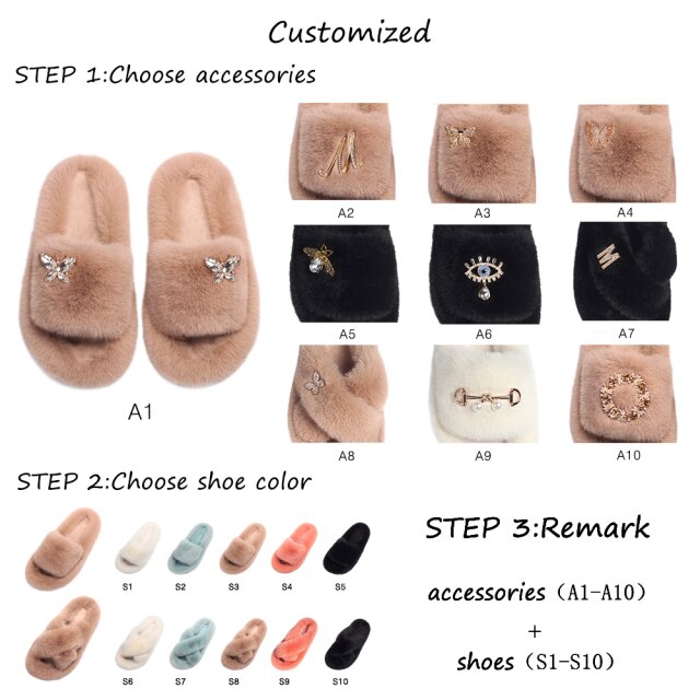 Furry Slides For Women Faux Rabbit Fur Slippers Fluffy Flip Flops Plush House Slippers Non-Slip Flat Sandals Female Home Shoes