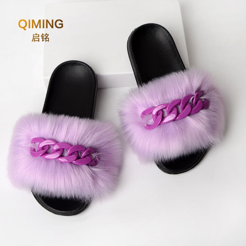 Furry Faux Fur Slippers Fluffy Flip Flops Women Summer Fox Sandals Designer Chain Plush Raccoon Fur Slides Beach Home Flat Shoes