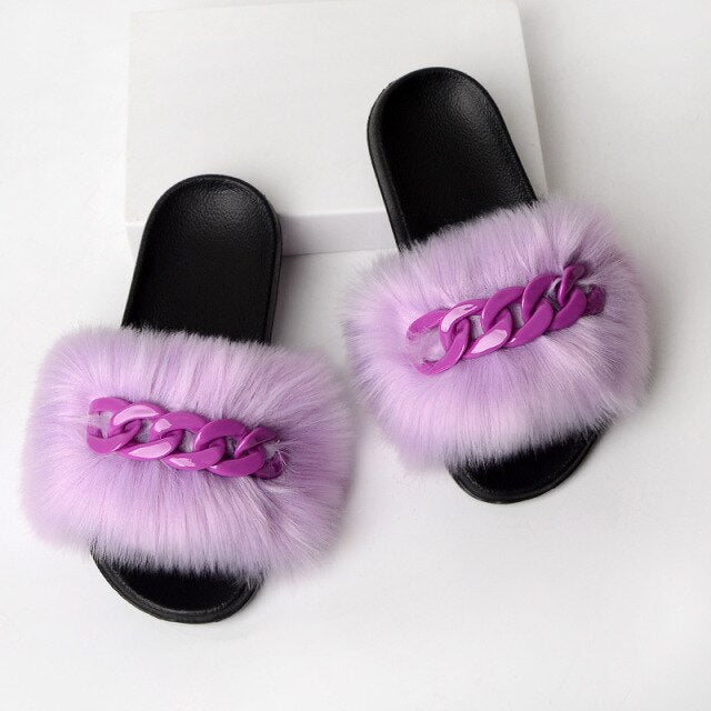 Furry Faux Fur Slippers Fluffy Flip Flops Women Summer Fox Sandals Designer Chain Plush Raccoon Fur Slides Beach Home Flat Shoes