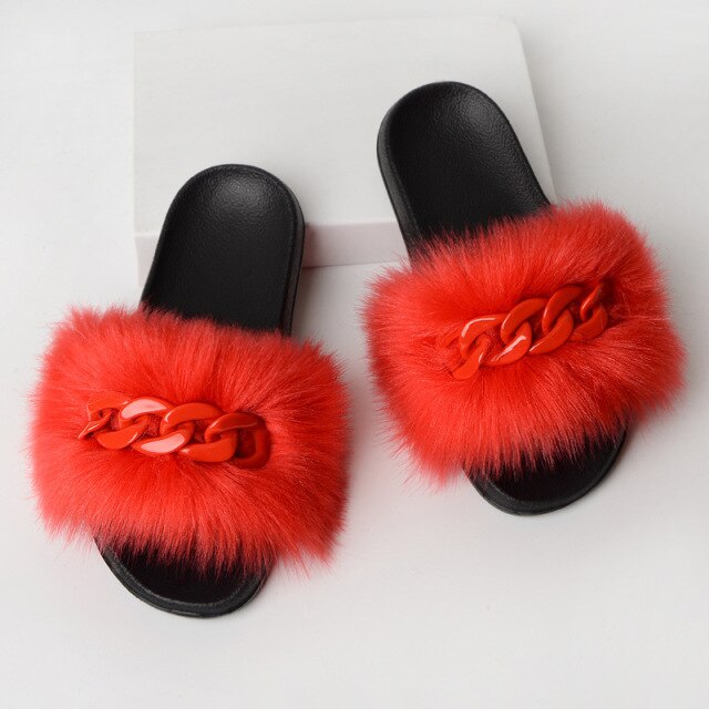 Furry Faux Fur Slippers Fluffy Flip Flops Women Summer Fox Sandals Designer Chain Plush Raccoon Fur Slides Beach Home Flat Shoes