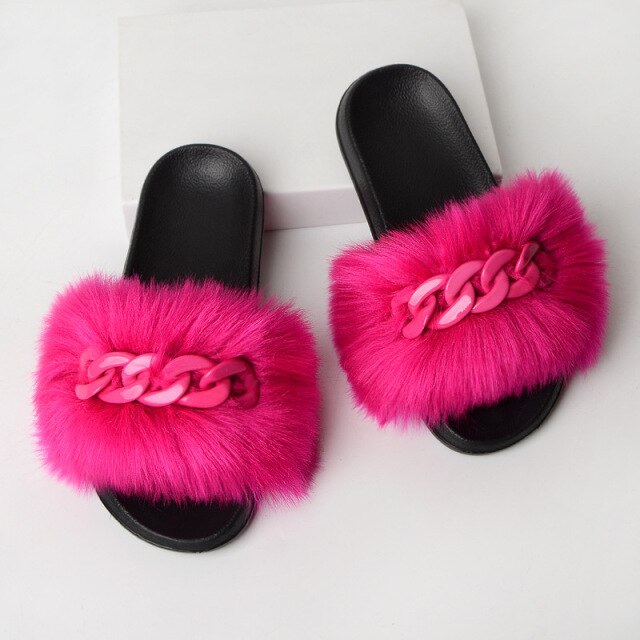 Furry Faux Fur Slippers Fluffy Flip Flops Women Summer Fox Sandals Designer Chain Plush Raccoon Fur Slides Beach Home Flat Shoes