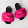 Furry Faux Fur Slippers Fluffy Flip Flops Women Summer Fox Sandals Designer Chain Plush Raccoon Fur Slides Beach Home Flat Shoes