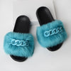 Furry Faux Fur Slippers Fluffy Flip Flops Women Summer Fox Sandals Designer Chain Plush Raccoon Fur Slides Beach Home Flat Shoes