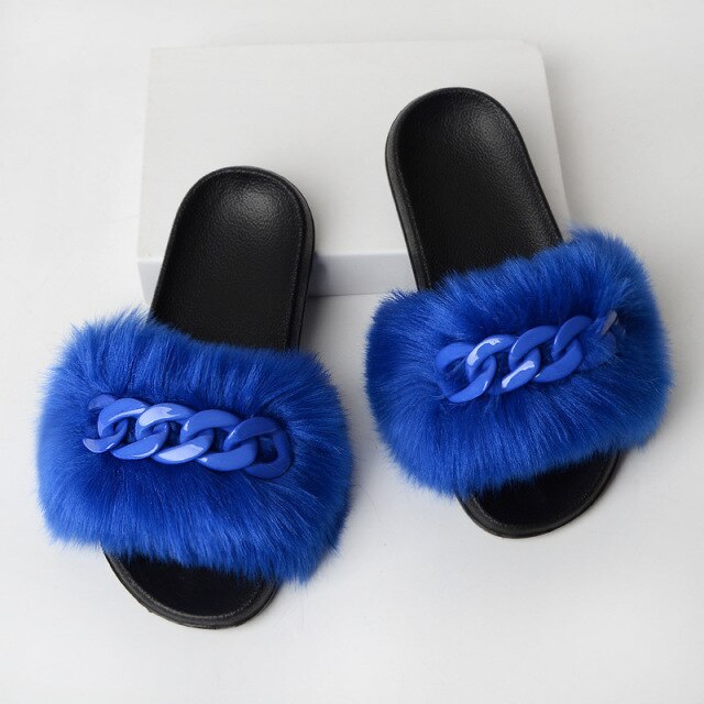 Furry Faux Fur Slippers Fluffy Flip Flops Women Summer Fox Sandals Designer Chain Plush Raccoon Fur Slides Beach Home Flat Shoes