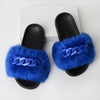 Furry Faux Fur Slippers Fluffy Flip Flops Women Summer Fox Sandals Designer Chain Plush Raccoon Fur Slides Beach Home Flat Shoes