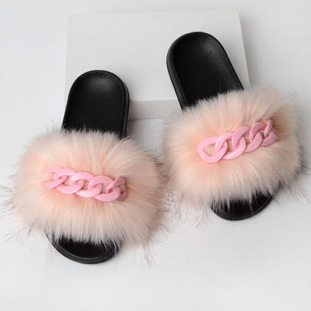 Furry Faux Fur Slippers Fluffy Flip Flops Women Summer Fox Sandals Designer Chain Plush Raccoon Fur Slides Beach Home Flat Shoes