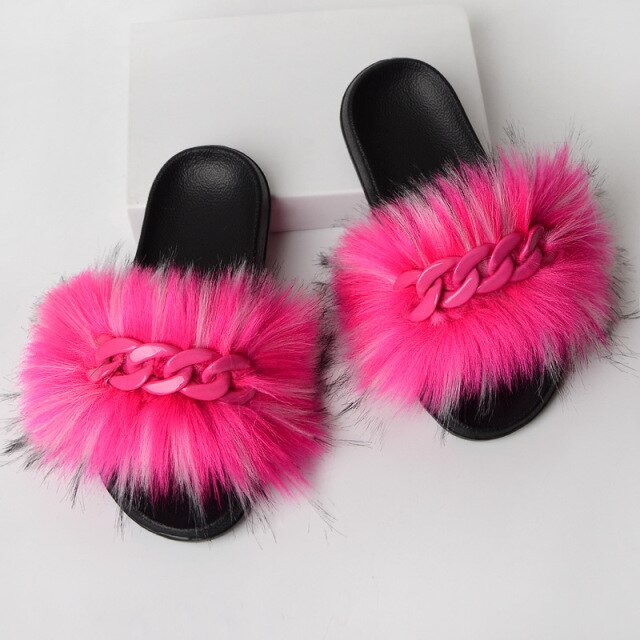 Furry Faux Fur Slippers Fluffy Flip Flops Women Summer Fox Sandals Designer Chain Plush Raccoon Fur Slides Beach Home Flat Shoes