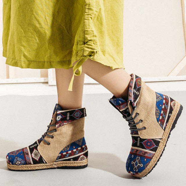 NAUSK Hemp Ankle Boots For Girls Spring/Autumn Patchwork Beautiful Women Boots Embroider Lace Up Botines Mujer 2021