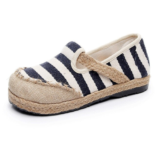 Striped Women Casual Cotton Cloth Loafers Slip on Ladies Thick Soled Hemp Canvas Flat Shoes Handmade Zapato Mujer