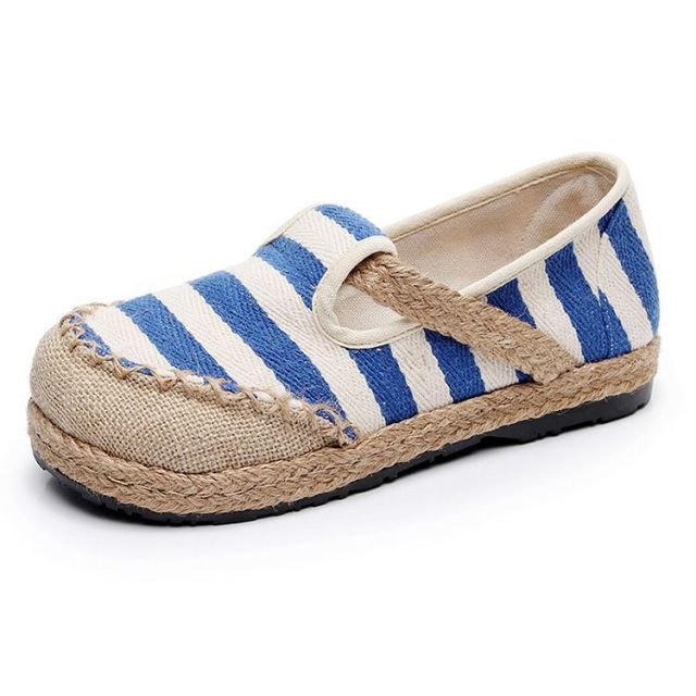 Striped Women Casual Cotton Cloth Loafers Slip on Ladies Thick Soled Hemp Canvas Flat Shoes Handmade Zapato Mujer