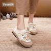 Veowalk Women Low Top Lace Up Canvas Sneakers Comfortable Embroidered Casual Flat Espadrilles Shoes for Ladies Beige Red
