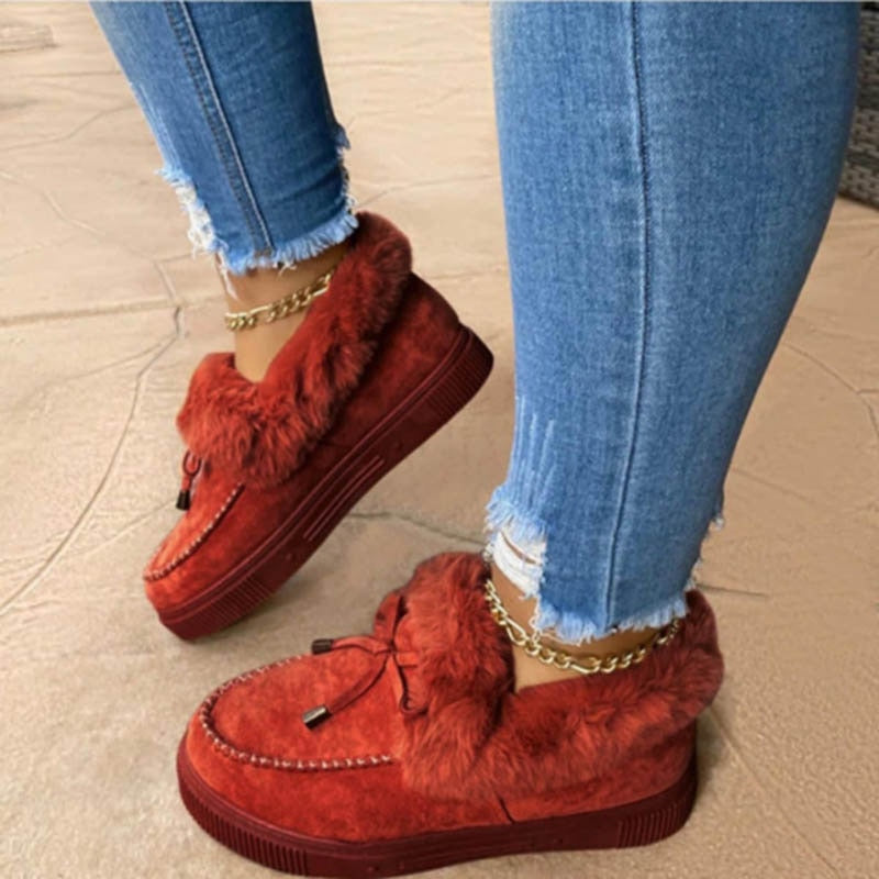Leather Wool Winter Flat Shoes Woman Warm Snow Boots Ladies Fur Ankle Boots Plus Size Bee Fashion Moccasins Footwear new