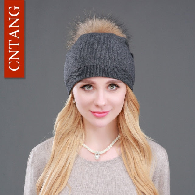Autumn Winter Knitted Wool Hats For Women Fashion Pompon Beanies Fur Hat Female Warm Caps With Natural Genuine Raccoon Fur Cap