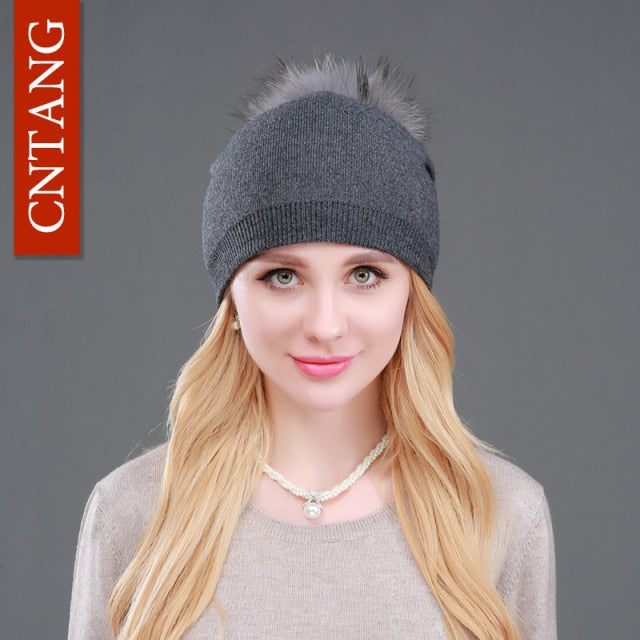 Autumn Winter Knitted Wool Hats For Women Fashion Pompon Beanies Fur Hat Female Warm Caps With Natural Genuine Raccoon Fur Cap