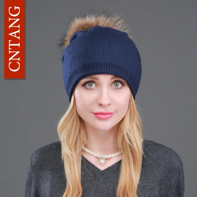 Autumn Winter Knitted Wool Hats For Women Fashion Pompon Beanies Fur Hat Female Warm Caps With Natural Genuine Raccoon Fur Cap