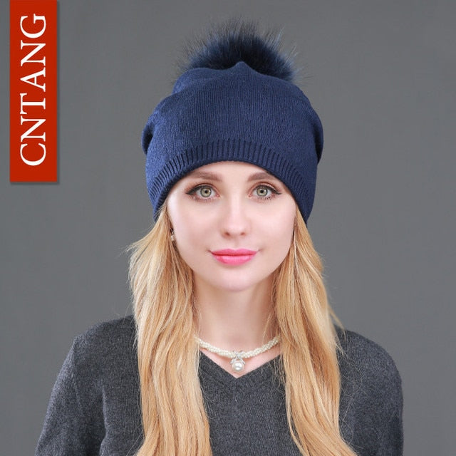 Autumn Winter Knitted Wool Hats For Women Fashion Pompon Beanies Fur Hat Female Warm Caps With Natural Genuine Raccoon Fur Cap