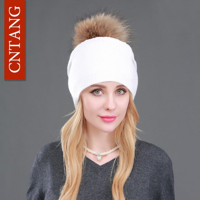 Autumn Winter Knitted Wool Hats For Women Fashion Pompon Beanies Fur Hat Female Warm Caps With Natural Genuine Raccoon Fur Cap
