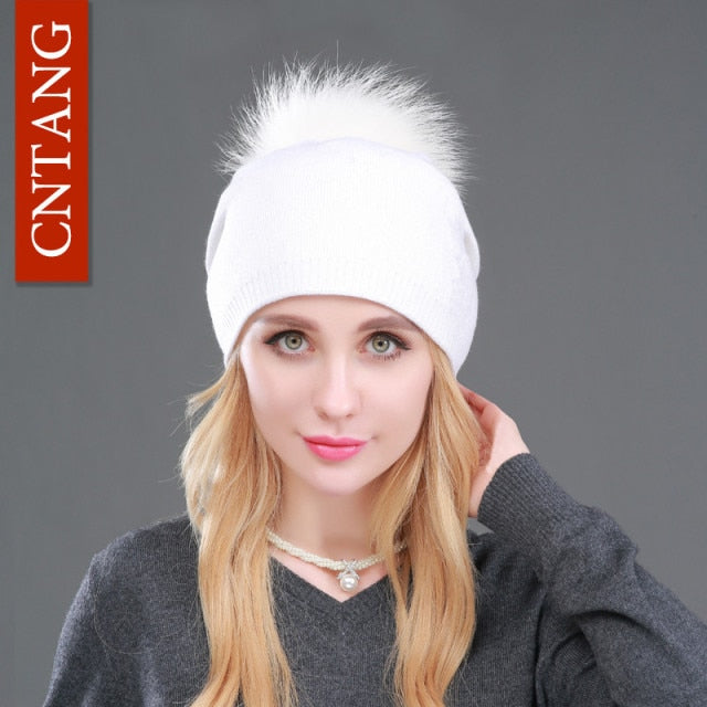Autumn Winter Knitted Wool Hats For Women Fashion Pompon Beanies Fur Hat Female Warm Caps With Natural Genuine Raccoon Fur Cap