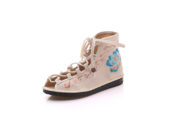 Veowalk Open Peep Toe Women Gladiator Canvas Sandals Shoes High Top Strappy Fashion Summer Comfort Ladies Flat Sandials