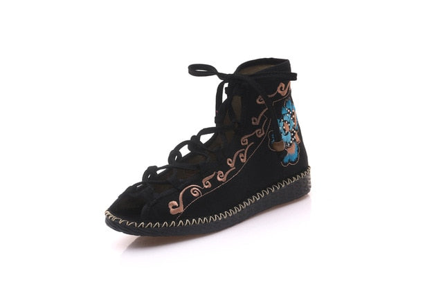 Veowalk Open Peep Toe Women Gladiator Canvas Sandals Shoes High Top Strappy Fashion Summer Comfort Ladies Flat Sandials