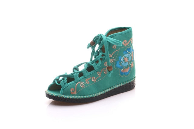 Veowalk Open Peep Toe Women Gladiator Canvas Sandals Shoes High Top Strappy Fashion Summer Comfort Ladies Flat Sandials