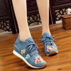 Veowalk New Spring Women's Flower Embroidered Flat Platform Shoes Chinese Ladies Casual Comfort Denim Fabric Sneakers Shoes
