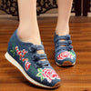Veowalk New Spring Women's Flower Embroidered Flat Platform Shoes Chinese Ladies Casual Comfort Denim Fabric Sneakers Shoes