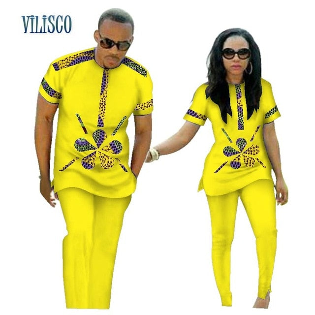 Summer African Print Top and Pants Sets for Couple Clothing Bazin Riche Sweet Flower Patter 2 Pieces Lover Couples Clothes WYQ84