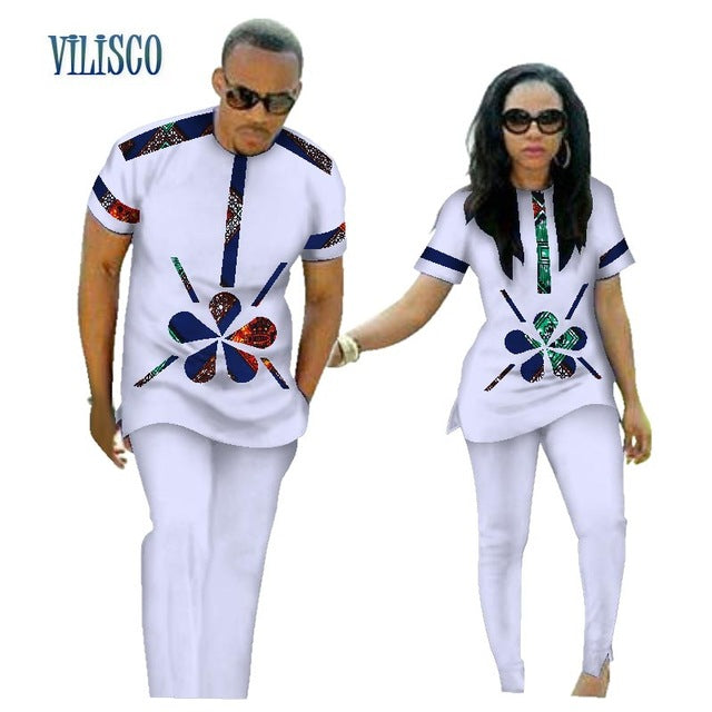 Summer African Print Top and Pants Sets for Couple Clothing Bazin Riche Sweet Flower Patter 2 Pieces Lover Couples Clothes WYQ84