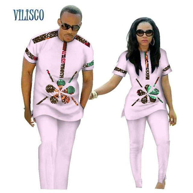 Summer African Print Top and Pants Sets for Couple Clothing Bazin Riche Sweet Flower Patter 2 Pieces Lover Couples Clothes WYQ84