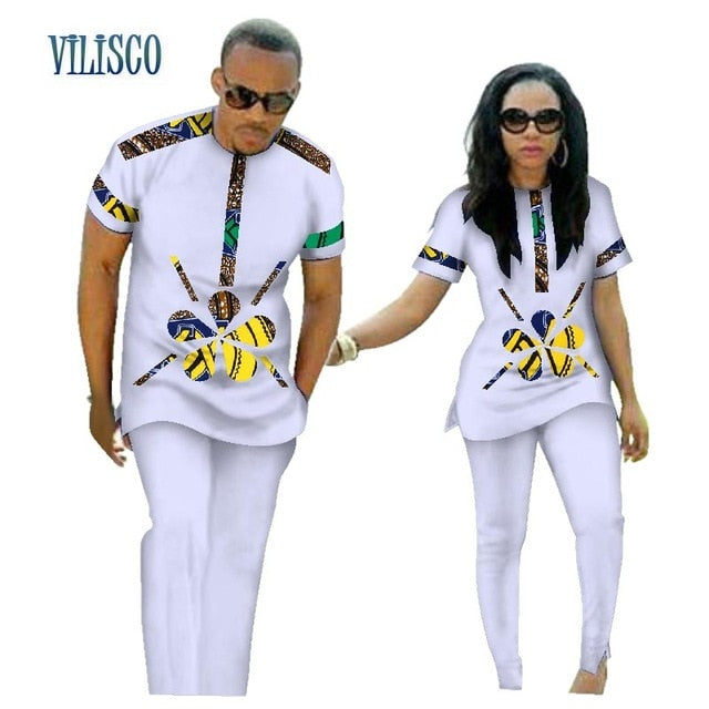 Summer African Print Top and Pants Sets for Couple Clothing Bazin Riche Sweet Flower Patter 2 Pieces Lover Couples Clothes WYQ84