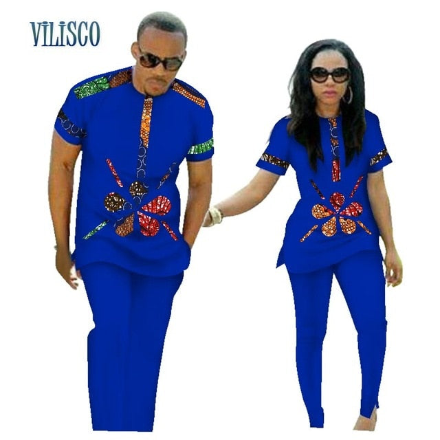 Summer African Print Top and Pants Sets for Couple Clothing Bazin Riche Sweet Flower Patter 2 Pieces Lover Couples Clothes WYQ84