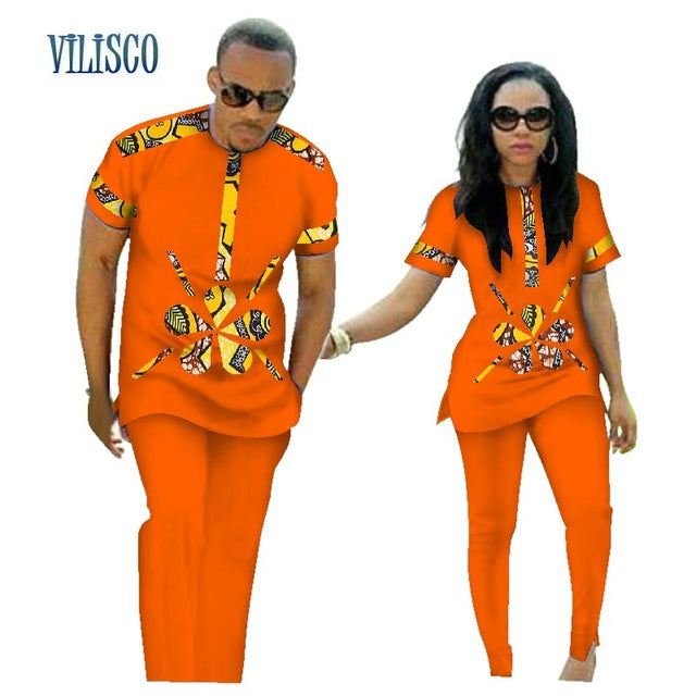 Summer African Print Top and Pants Sets for Couple Clothing Bazin Riche Sweet Flower Patter 2 Pieces Lover Couples Clothes WYQ84
