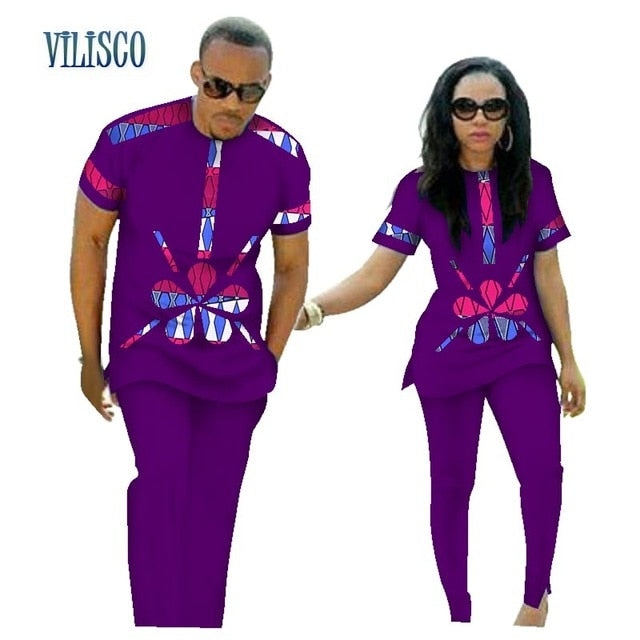 Summer African Print Top and Pants Sets for Couple Clothing Bazin Riche Sweet Flower Patter 2 Pieces Lover Couples Clothes WYQ84