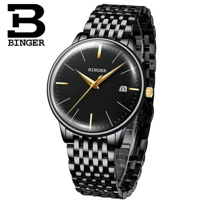Switzerland BINGER Brand Men watch leather strap automatic mechanical watch male Luxury self-wind simple cruve surface handwatch