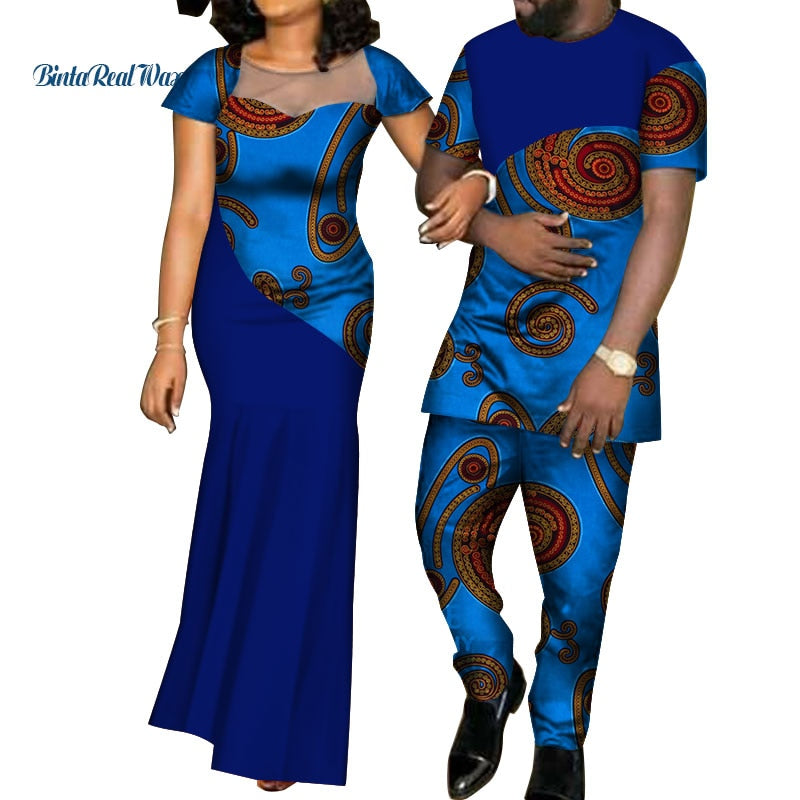 African Dresses for Women Bazin  Mens Shirt and Pants Sets Lover Couples Clothes Print Yarn Dress African Design Clothing WYQ126