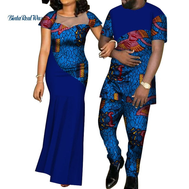 African Dresses for Women Bazin  Mens Shirt and Pants Sets Lover Couples Clothes Print Yarn Dress African Design Clothing WYQ126