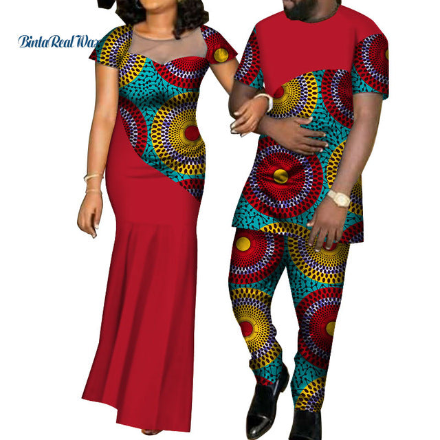 African Dresses for Women Bazin  Mens Shirt and Pants Sets Lover Couples Clothes Print Yarn Dress African Design Clothing WYQ126