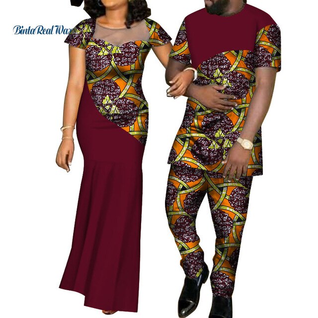 African Dresses for Women Bazin  Mens Shirt and Pants Sets Lover Couples Clothes Print Yarn Dress African Design Clothing WYQ126