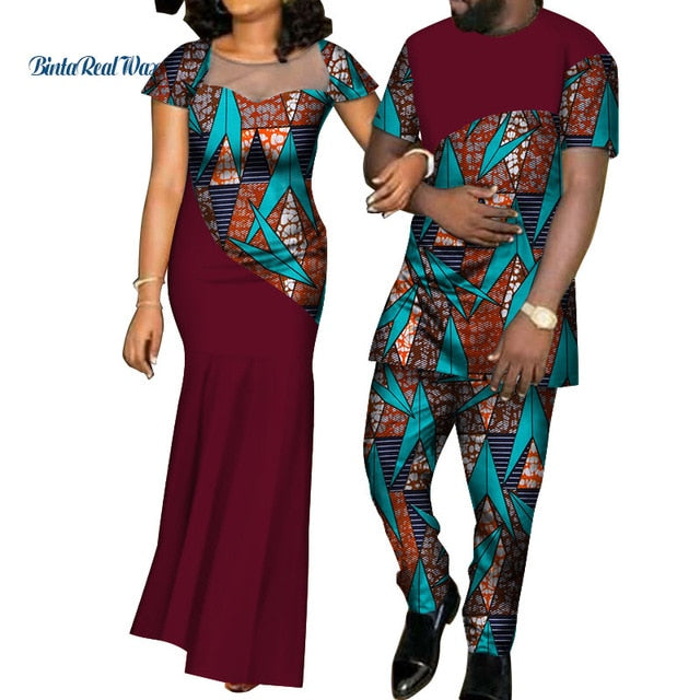 African Dresses for Women Bazin  Mens Shirt and Pants Sets Lover Couples Clothes Print Yarn Dress African Design Clothing WYQ126