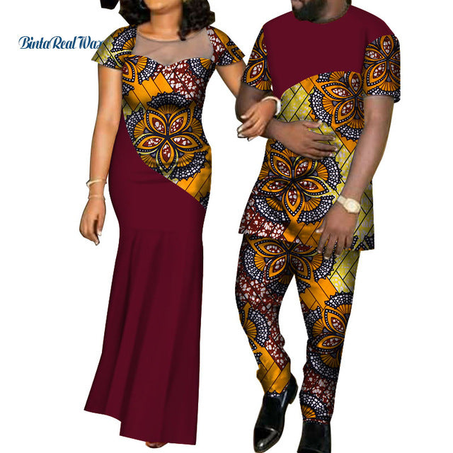 African Dresses for Women Bazin  Mens Shirt and Pants Sets Lover Couples Clothes Print Yarn Dress African Design Clothing WYQ126