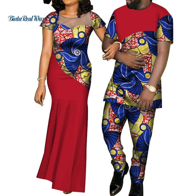 African Dresses for Women Bazin  Mens Shirt and Pants Sets Lover Couples Clothes Print Yarn Dress African Design Clothing WYQ126
