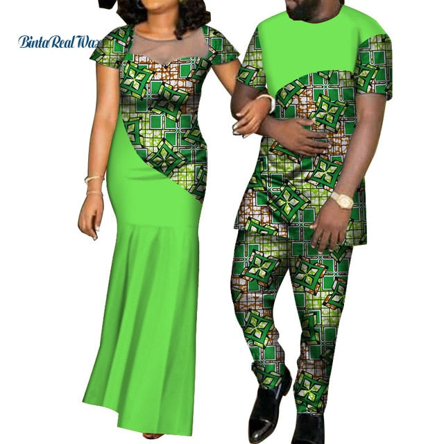 African Dresses for Women Bazin  Mens Shirt and Pants Sets Lover Couples Clothes Print Yarn Dress African Design Clothing WYQ126