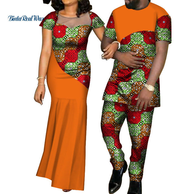 African Dresses for Women Bazin  Mens Shirt and Pants Sets Lover Couples Clothes Print Yarn Dress African Design Clothing WYQ126