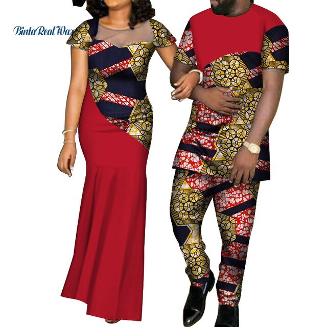 African Dresses for Women Bazin  Mens Shirt and Pants Sets Lover Couples Clothes Print Yarn Dress African Design Clothing WYQ126