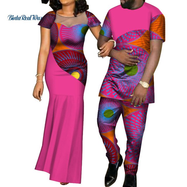 African Dresses for Women Bazin  Mens Shirt and Pants Sets Lover Couples Clothes Print Yarn Dress African Design Clothing WYQ126