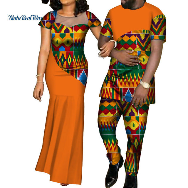 African Dresses for Women Bazin  Mens Shirt and Pants Sets Lover Couples Clothes Print Yarn Dress African Design Clothing WYQ126